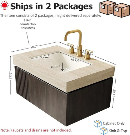 30" Floating Bathroom Vanity with Sink, Wall Mounted Storage Vanities with Drawer and Door, Roma Travertine-Pattern Top and 3 Pre-drilled Faucet Holes Basin, Pre-Assembled Cabinet, Espresso Woodgrain