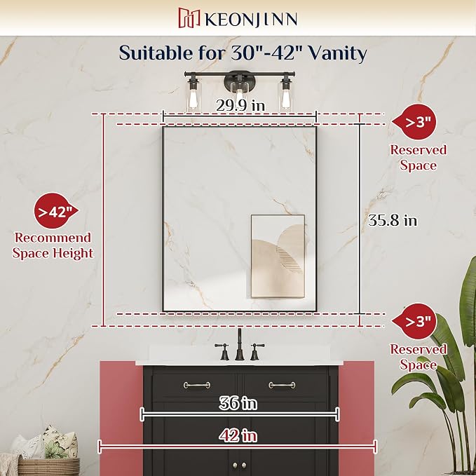 Keonjinn 30x36 Inch Gold Bathroom Mirror for Over Sink, Vanity Mirror | HD Tempered Glass, Rectangular, Brushed Framed, Square Corner, Modern Farmhouse, Wall Mounted Mirrors, Aluminum Alloy