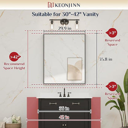 Keonjinn 30x36 Inch Gold Bathroom Mirror for Over Sink, Vanity Mirror | HD Tempered Glass, Rectangular, Brushed Framed, Square Corner, Modern Farmhouse, Wall Mounted Mirrors, Aluminum Alloy
