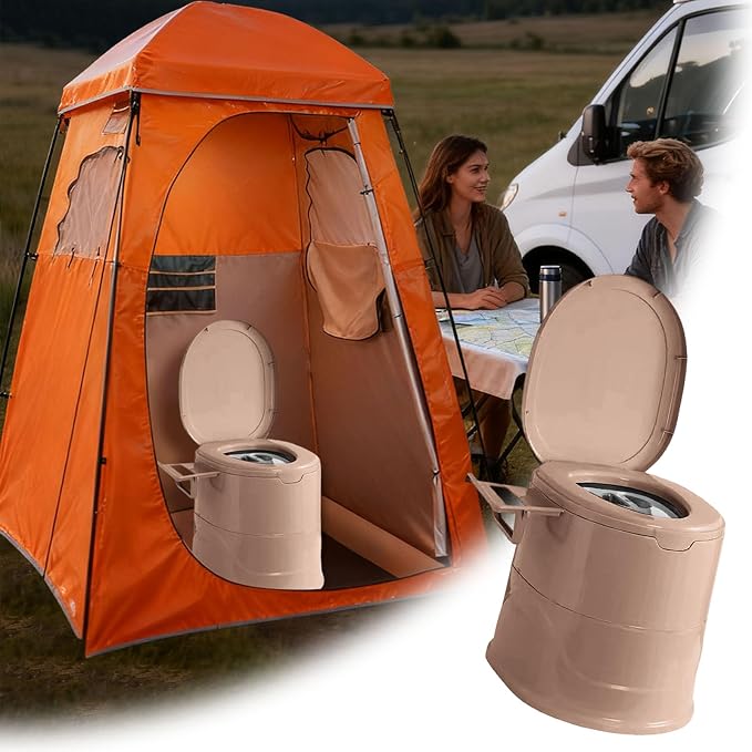 Portable Toilet for Camping, Indoor Outdoor Commode with 2 Detachable Inner Bucket, Removable Paper Holder, Toilet Brush, Travel Toilets for Camping, Hiking, Boat, Van, Emergency Use (Khaki)