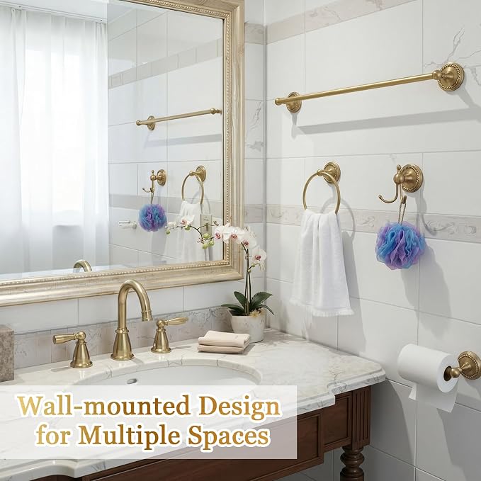 6 Pcs Antique Brass Gold Bathroom Accessories Set 15.7"-26.7" Solid Brass Towel Bar, Towel Ring, Toilet Paper Holder, Robe Hook, Wall Mounted Vintage Bath Hardware Fixture Set
