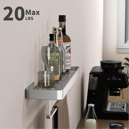 20 Inch Long Floating Bathroom Shelf with Towel Bar, Clear Tempered Glass Wall Shelf for Bathroom Storage Organizer, Matte Silver