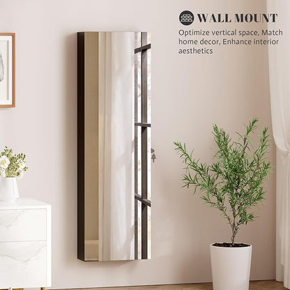Vlsrka 47.2" Jewelry Armoire Organizer, Wall/Door Mounted Jewelry Cabinet | Built-in LED Mirror, Large Lockable Hanging Full Length Mirror with Jewelry Storage, 4 Drawers, 5 Shelves for Women, Black
