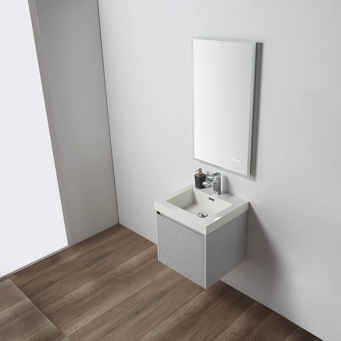 Blossom 20 Inch Bathroom Vanity with Sink | All Wood Wall Mounted Floating Bathroom Vanity Cabinet | Soft-Close Drawer | Modern Minimalist Style Vanities (20" w/Acrylic Sink, Light Grey)