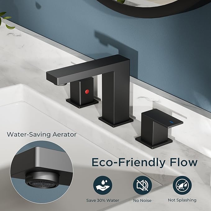 FORIOUS Matte Black Bathroom Faucet 3 Hole, 8 Inch Widespread Square Bathroom Sink Faucet with Metal Pop-Up Drain and cUPC Supply Lines Included for Restroom, Lavatory, Basin, Restroom and Mall
