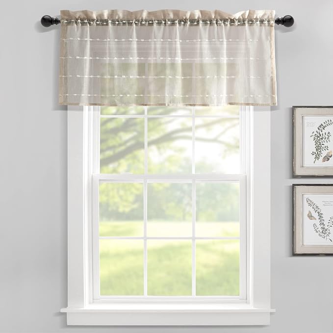 Lush Decor Farmhouse Textured Sheer Window Curtain Valance, 52"W x18"L, Neutral