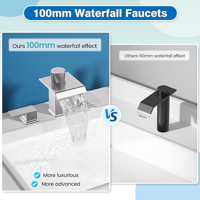 Brushed Nickel Bathroom Faucet 3 Hole, 8 Inch Widespread Waterfall Bathroom Sink Faucet with Filter, Includes Metal Pop-Up Drain and Supply Hoses, Perfect for Vanity, Restroom, Sink, Rv