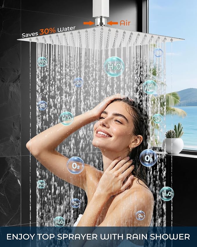 Rain Shower Faucet Set, 10" Top + 6" Side Head, Brushed Nickel | 3-head set w/ valve, SUS304 anti-freeze, 6 spray modes, self-clean nozzles