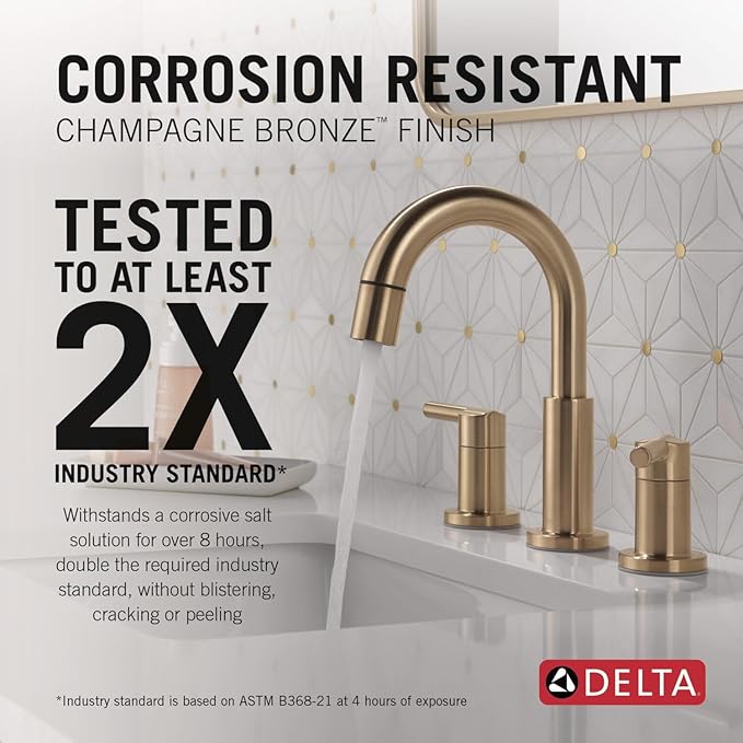 Delta Nicoli Brushed Gold Bathroom Faucet with Sprayer, 8 Inch 3 Hole Widespread Bathroom Sink Faucet with Pull Out Sprayer, Push-Pop Drain, Champagne Bronze 35749LF-CZPD