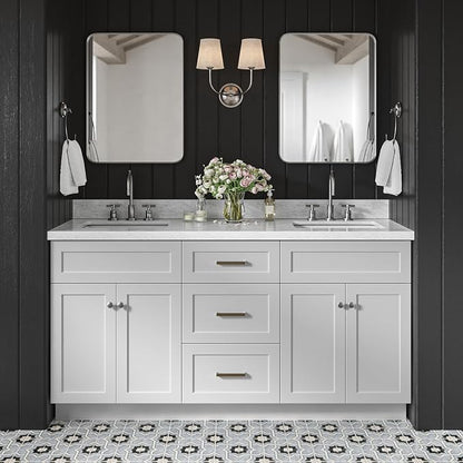 Bradford 66" Grey Double Bathroom Vanity with Sink, 1.5" Edge Italian Carrara Marble Countertop, Rectangular Undermount Sinks, 2 Soft Closing Doors, 3 Dovetail Drawers, Brushed Nickel