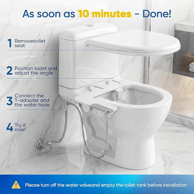 Ultra-Slim 3-in-1 Bidet Attachment for Toilet Seat, Non-Electric, Dual Retractable Nozzles (Posterior & Feminine), Self-Cleaning, Adjustable Water Pressure, Stainless-Steel Inlet, Easy DIY Install
