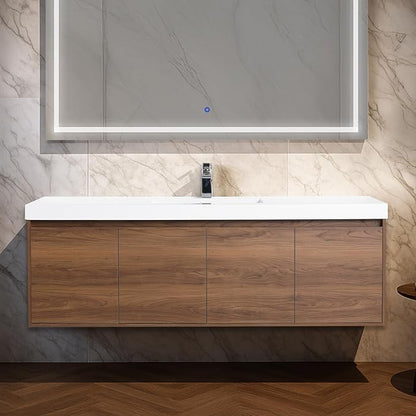 Blossom 60 Inch Bathroom Vanity with Sink, Wall Mounted Floating Bathroom Vanity Cabinet with Acrylic Sink, All Wood Soft Close Doors and Storage, Space Saving Design, Brown Walnut Finish