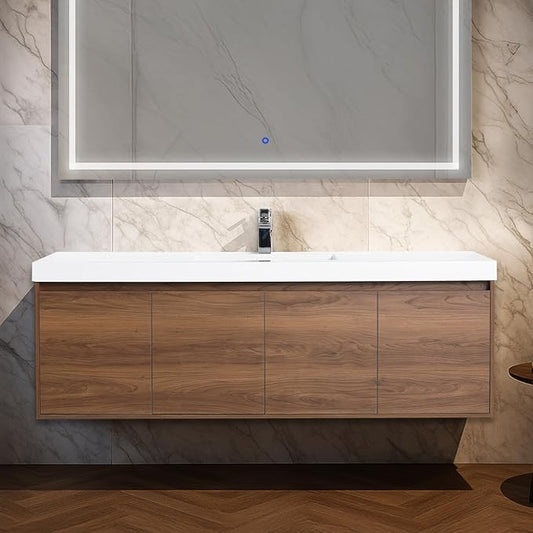 Blossom 60 Inch Bathroom Vanity with Sink, Wall Mounted Floating Bathroom Vanity Cabinet with Acrylic Sink, All Wood Soft Close Doors and Storage, Space Saving Design, Brown Walnut Finish