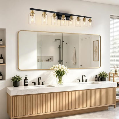 8-Light Bathroom Light Fixture Black and Gold Vanity Lights,52" | Vanity Lights for Bathroom,Clear Glass Shade,over Mirror,Modern Wall Sconces Farmhous Wall Mounted for Bathroom,E26 Base