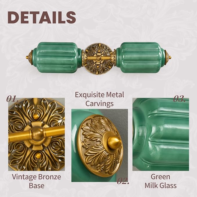 2-Light Vintage Bathroom Light Fixtures, Milk Glass Retro Vanity With Light Green Shade & Gold Carved Metal, Hardwired Antique Wall Sconce For Living Room, Bedroom, Dining Room, Kitchen (Green)
