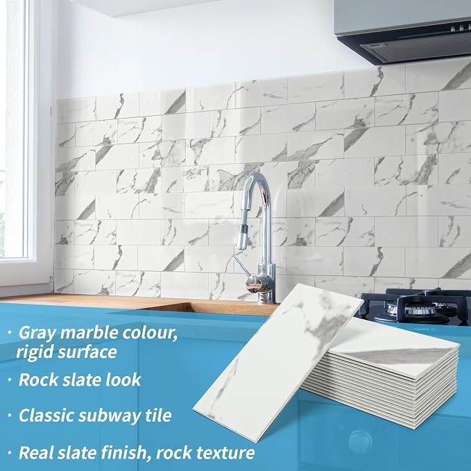 Art3d 102-Pack Peel and Stick Backsplash on Subway Tile, Gray Marble | 3 x 6 in, PVC, Self Adhesive, Waterproof, Traceless Peel, Modular Splicing, Ideal for Vanities, Bathrooms