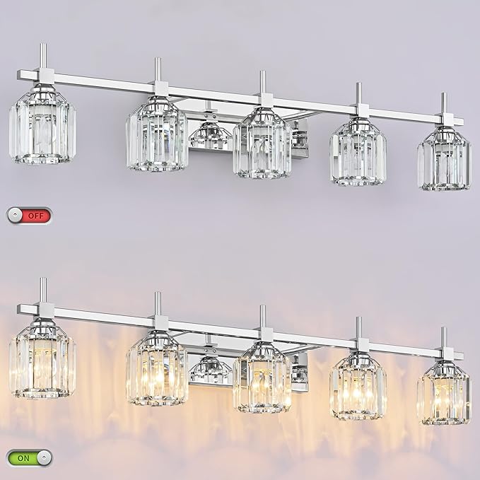 SOLFART Crystal 4 Lights Bathroom Lights Over Mirror Bathroom Lighting Fixtures Over Mirror Chrome Vanity Light Fixture Bathroom Vanity Light 4T CH