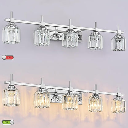 SOLFART Crystal 4 Lights Bathroom Lights Over Mirror Bathroom Lighting Fixtures Over Mirror Chrome Vanity Light Fixture Bathroom Vanity Light 4T CH