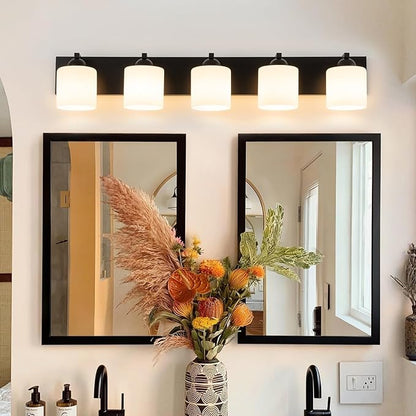 mirrea 38-Inch 5-Light Black Vanity Lights for Bathroom, Vanity Lighting Fixtures with Etched White Glass Shades