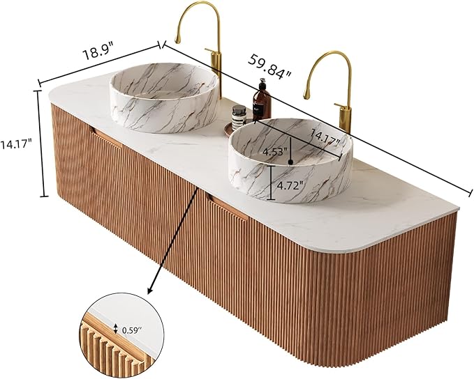 Yayzy 60" Floating Bathroom Vanity with Sink, Solid Wood Fluted Cabinet, White Marble-Patterned Ceramic Basin & Faux Marble Top, Soft-Close Drawer, Pre-Assembled, Natural Woodgrain