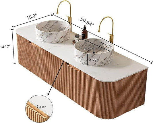 Yayzy 60" Floating Bathroom Vanity with Sink, Solid Wood Fluted Cabinet, White Marble-Patterned Ceramic Basin & Faux Marble Top, Soft-Close Drawer, Pre-Assembled, Natural Woodgrain