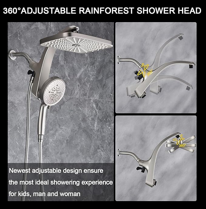 12" High Pressue Rain Shower Head with Handheld, 9 Sprays Hand Showerhead | Shower Heads with Handheld Spray Combo, Dual Head, Built-in Magnetic Docking, Power Jets, 59" Shower Hose, Nickel 1.75GPM