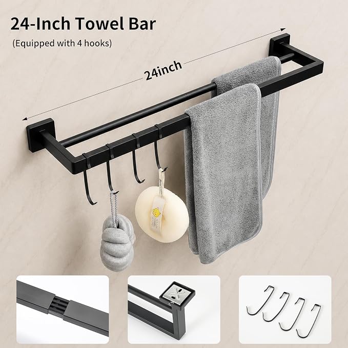 9 Piece Matte Black Bathroom Hardware Set, 24 Inch Double Towel Bar with Removable Hooks, SUS304 Stainless Steel Wall Mounted Heavy Duty Rustproof Accessories for Bathroom Kitchen