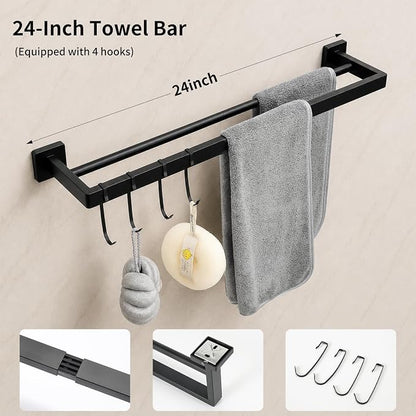 9 Piece Matte Black Bathroom Hardware Set, 24 Inch Double Towel Bar with Removable Hooks, SUS304 Stainless Steel Wall Mounted Heavy Duty Rustproof Accessories for Bathroom Kitchen