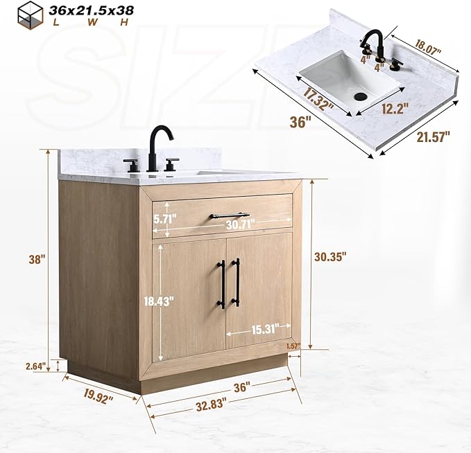 HOMEBEYOND 36 Inch Bathroom Vanity with Single Sink & Ceramic Top, MDF Material Vanity Cabinet with Basin Combo, Soft-Closing Doors, Removable Shelf, Backsplash