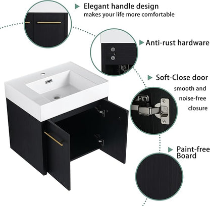 24 Inch Floating Bathroom Vanity,24" Bathroom Vanity with Sink,Modern Single Sink Bathroom Vanity Combo,Black Wall Mounted Cabinet Set