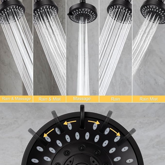 AISOSO Shower Head, 5 Modes High Pressure Shower Heads for Relaxed Shower Experience, 4.1 Inch Bathroom Fixed Showerhead Even at Low Water Pressure for Powerful Spray, Matte Black