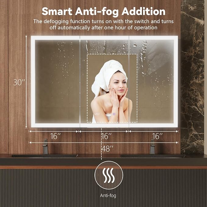 48 in. W Smart Lighted Medicine Cabinet with Mirror for Bathroom, Recessed/Surface Mount Medicine Cabinet with Anti-Fog, 1800W Charging Station, USB Ports, 3 Color Lights