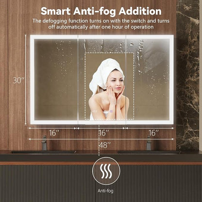 48 in. W Smart Lighted Medicine Cabinet with Mirror for Bathroom, Recessed/Surface Mount Medicine Cabinet with Anti-Fog, 1800W Charging Station, USB Ports, 3 Color Lights