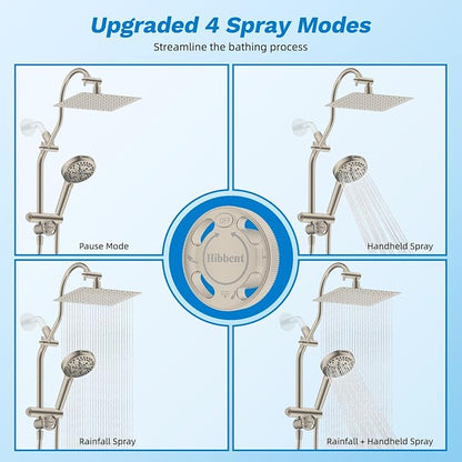 Hibbent High Pressue All Metal 8" Rainfall Shower Head, Handheld 10-Spray | cUPC Certified Brushed Nickel Dual Showerhead Combo, 4-way Diverter with Pause Mode, Brass Extension Arm, 71'' Hose & Holder