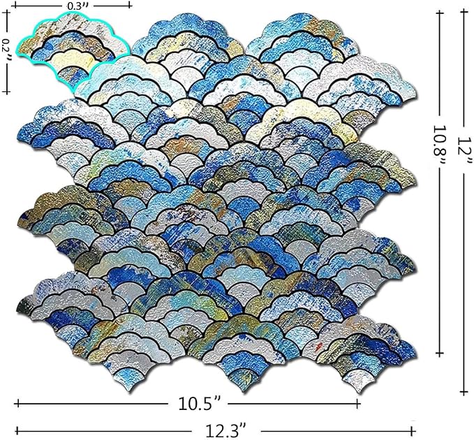 XUANINY Peel and Stick Metal Backsplash Tiles, Printing Blue, 11-Pack | Self Adhesive, Cloud-shaped Aluminum Mosaic, 3D Wall Sticker, For Kitchen Bathroom Living Room Decor