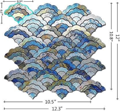 XUANINY Peel and Stick Metal Backsplash Tiles, Printing Blue, 11-Pack | Self Adhesive, Cloud-shaped Aluminum Mosaic, 3D Wall Sticker, For Kitchen Bathroom Living Room Decor