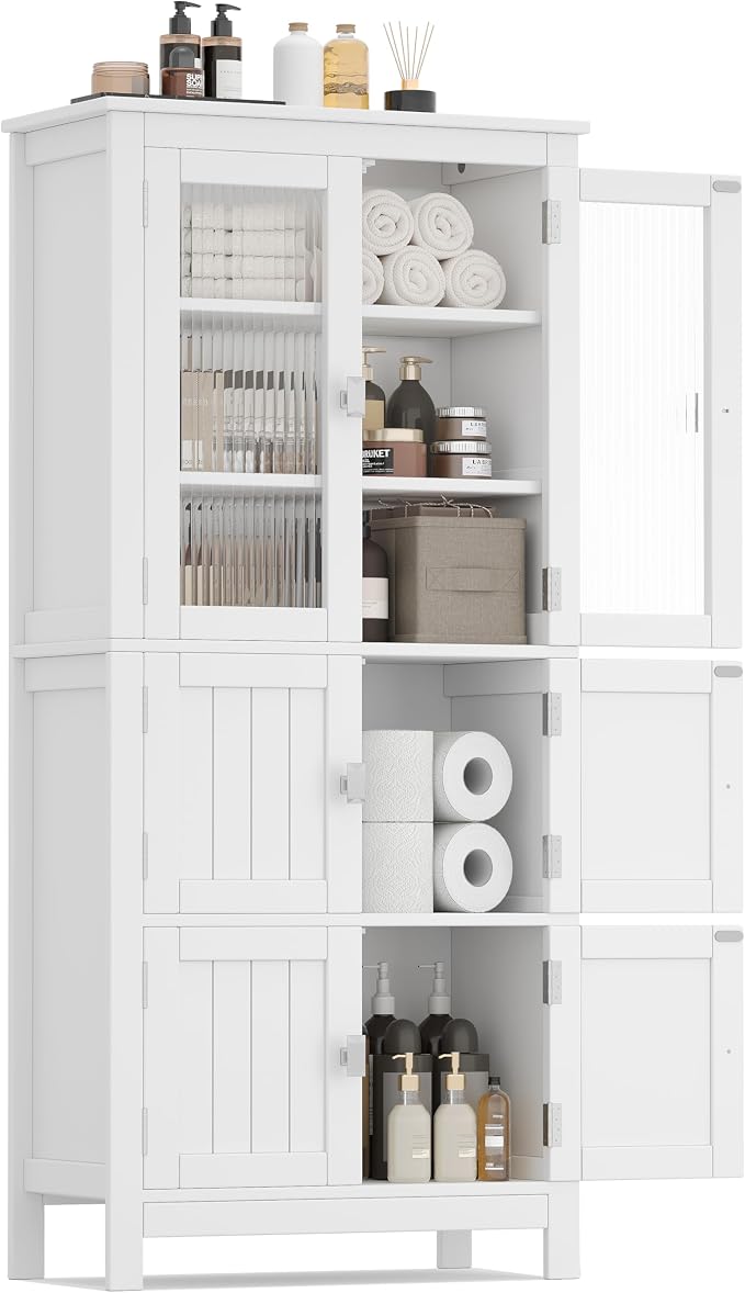 Akxomel 53.1" Tall Bathroom Cabinet 6 Doors Linen Floor Storage Cabinet | Bathroom Floor Cabinet with Adjustable Shelf, Pantry Cabinet for Living Room, Kitchen, Entryway, White