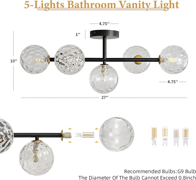 5 Lights Bathroom Vanity Light,Matte Black Globe Bathroom Light Fixtures | Hammered Clear Glass Wall Sconce Lighting,Mid Century Modern Brass Bubble Glass Bathroom Vanity Lights over Mirror,G9 Base