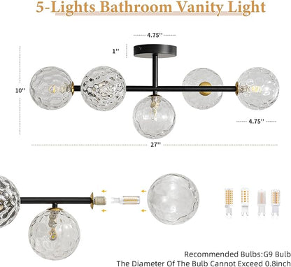 5 Lights Bathroom Vanity Light,Matte Black Globe Bathroom Light Fixtures | Hammered Clear Glass Wall Sconce Lighting,Mid Century Modern Brass Bubble Glass Bathroom Vanity Lights over Mirror,G9 Base