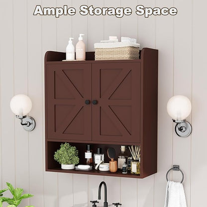 EasyCom 22" W x 26" H Bathroom Wall Cabinet, Farmhouse Medicine Cabinet with Adjustable Shelves and Double Barn Doors, Over The Toilet Storage Cabinet for Bathroom, Kitchen, Living Room, Russet