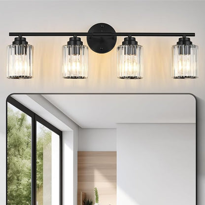 29.1" Black Vanity Light, 4-Light Bathroom Light Fixtures with Clear Crystal Shades, E26 Base Modern Black Wall Sconce, Vanity Lights for Bathroom Powder Room Bedroom Hallway
