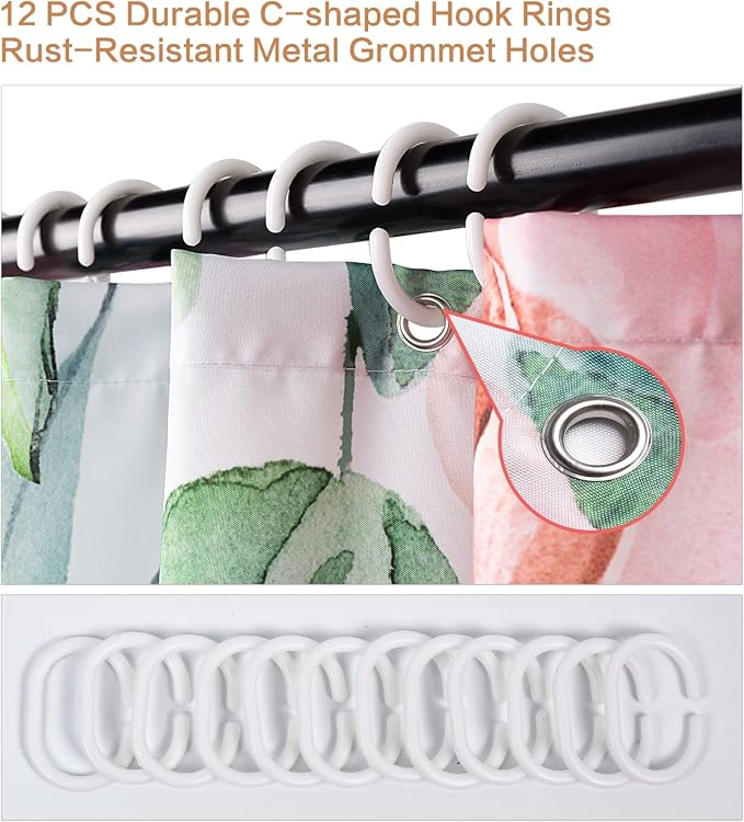 Watercolor Eucalyptus Shower Curtain, Spring Shower Curtain Green Leaves with Blooming Floral, Polyester Fabric Waterproof Shower Curtain Sets Machine Washable Decor Home Farmhouse Bath Curtain