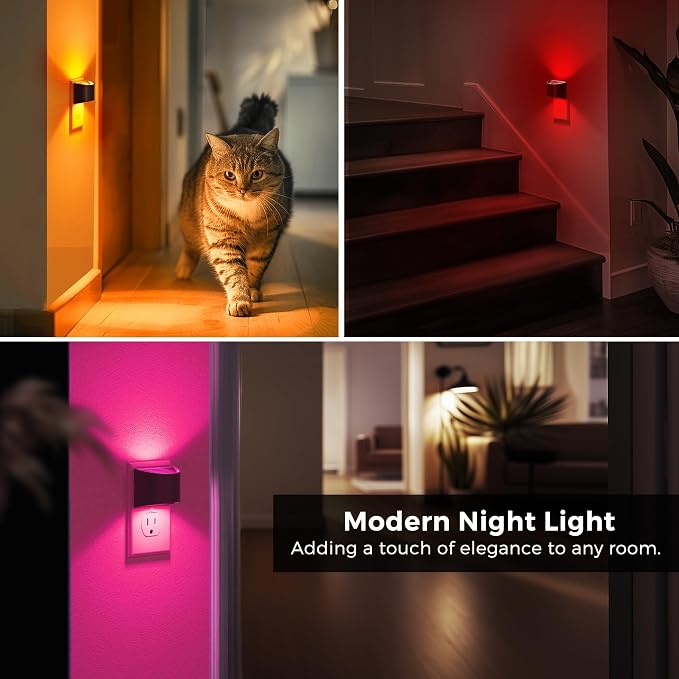 L LOHAS LED Night Lights Plug into Wall, 8 Colored Kids Night Light, 2 Pack | Built-in Dusk to Dawn Sensor, Color Changing Mode, Black Housing