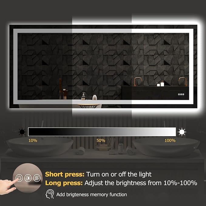 Hivone 72"X32" LED Bathroom Mirror with Lights, Anti-Fog, Dimmable, Backlit + Front Lit, Smart Bathroom Vanity Mirror, Memory Function, Shatterproof, Tempered Glass (Horizontal/Vertical)