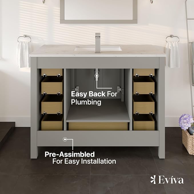 Eviva London 42 Inch Vanity with Top – 42 Bathroom Vanity with Sink and Countertop, Gray Bathroom Sink Cabinet with Quartz Countertop & Porcelain Single Sink for Modern Bathroom & Home Decor