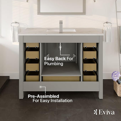 Eviva London 42 Inch Vanity with Top – 42 Bathroom Vanity with Sink and Countertop, Gray Bathroom Sink Cabinet with Quartz Countertop & Porcelain Single Sink for Modern Bathroom & Home Decor