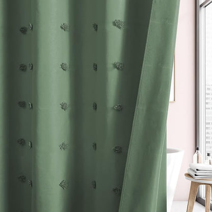 LilyCat Dark Green Boho Tufted Floral Shower Curtain with Tassel, 72" x 78" | Waterproof Boho Fabric Shower Curtain Set with Hooks, Cute Rustic Vintage Bathroom Décor, Minimalist Cloth Bathroom Curtain