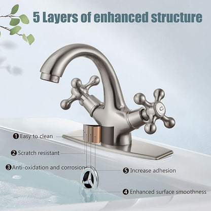 Aolemi Bathroom Sink Faucet Single Hole Cold and Hot Double Handle Cross Knobs Vanity Vessel Sink Basin Mixer Tap with Deck Cover Plate with Pop Up Drain Brushed Nickel