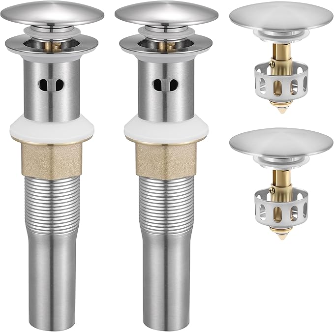 KES Bathroom Sink Drain Stopper with Overflow, Pop Up Drain with Detachable Hair Catcher for Lavatory Vanity Vessel Sink, Brushed Nickel 2 Pack, All Metal Rustproof 304 Stainless Steel, S2013A-BN-P2
