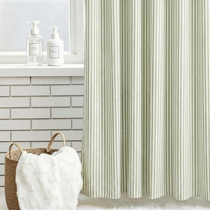 Stripe Cotton Toile Shower Curtain Ticking Stripe Woven Print Curtain Bathroom Decor for Traditional and Contemporary Style Kitchen Bath Home(Green and White,72 x 72 Inches)
